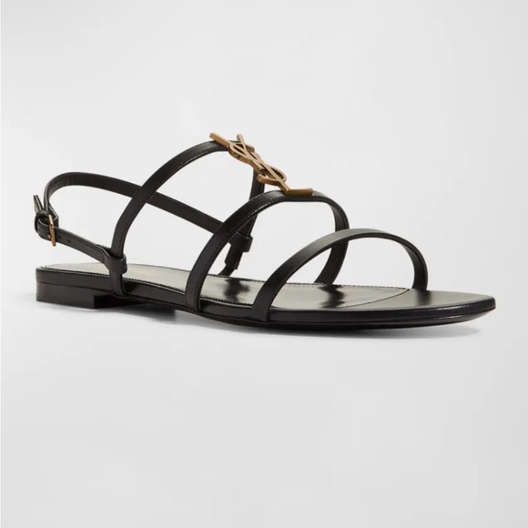 Saint Laurent Cassandra  YSL Logo Calfskin Flat Sandals - Picture 1 of 16